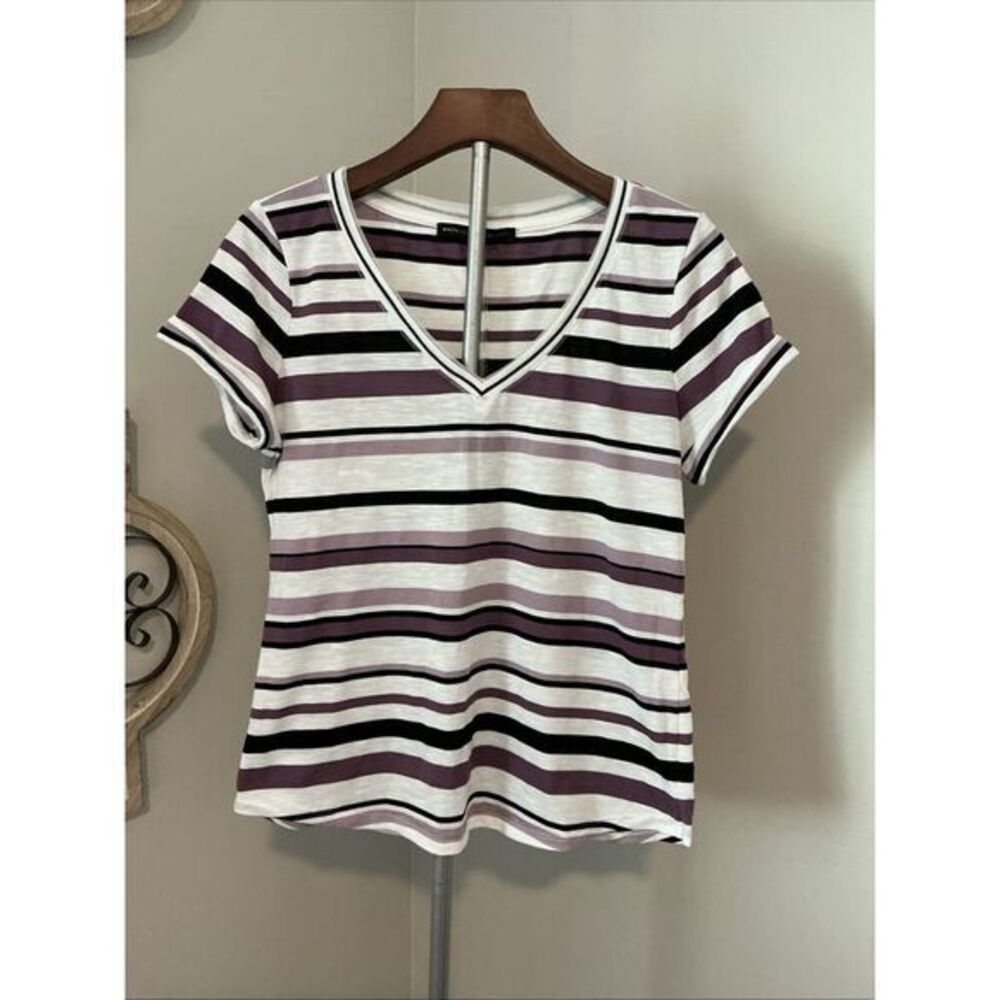 White House Black Market Women's Black & Purple Stripe Short SleeveTop Size S